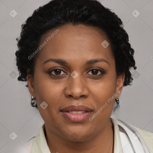 Joyful black adult female with short  brown hair and brown eyes