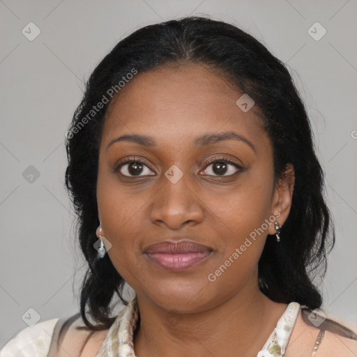 Joyful black young-adult female with medium  black hair and brown eyes