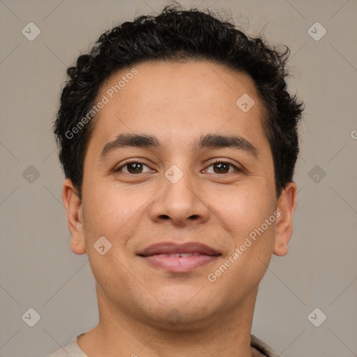 Joyful latino young-adult male with short  brown hair and brown eyes