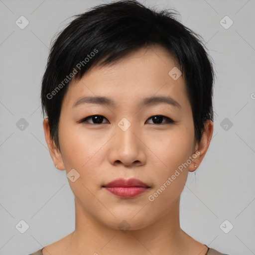 Neutral asian young-adult female with short  black hair and brown eyes