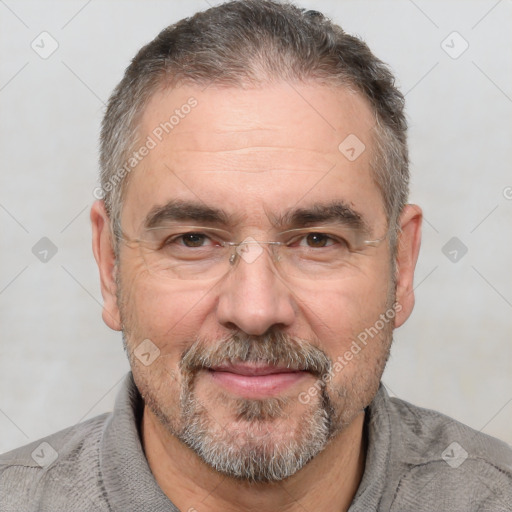 Neutral white middle-aged male with short  brown hair and brown eyes