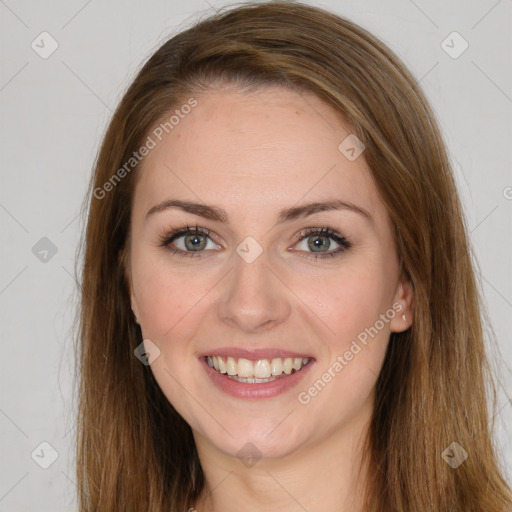 Joyful white young-adult female with long  brown hair and green eyes