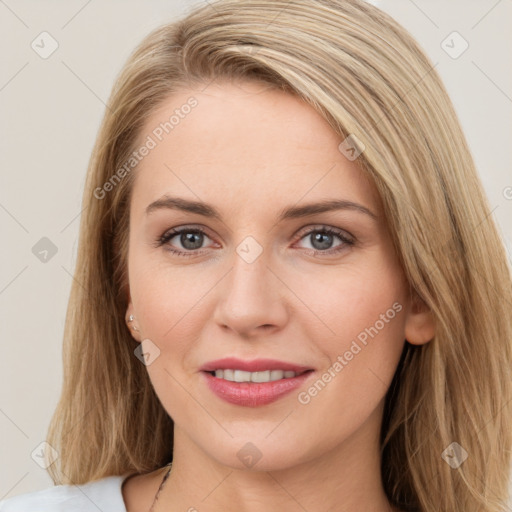 Joyful white young-adult female with long  brown hair and grey eyes