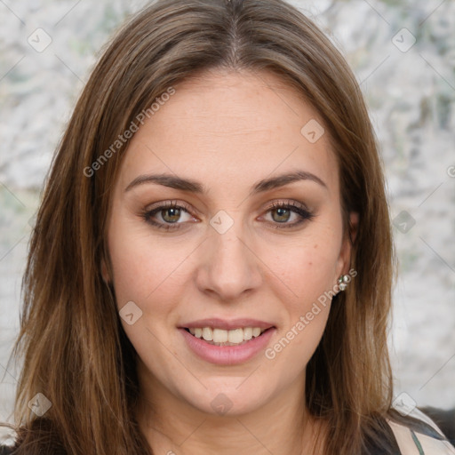 Joyful white young-adult female with long  brown hair and green eyes