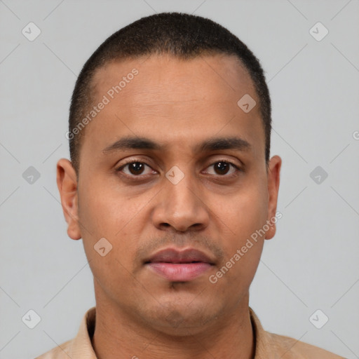 Neutral latino young-adult male with short  brown hair and brown eyes