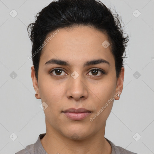 Neutral latino young-adult female with short  brown hair and brown eyes