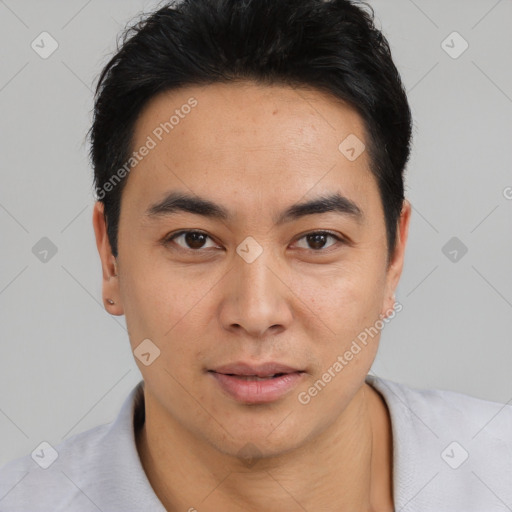 Neutral asian young-adult male with short  brown hair and brown eyes