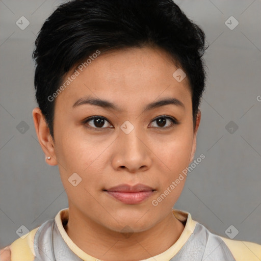 Neutral asian young-adult female with short  black hair and brown eyes