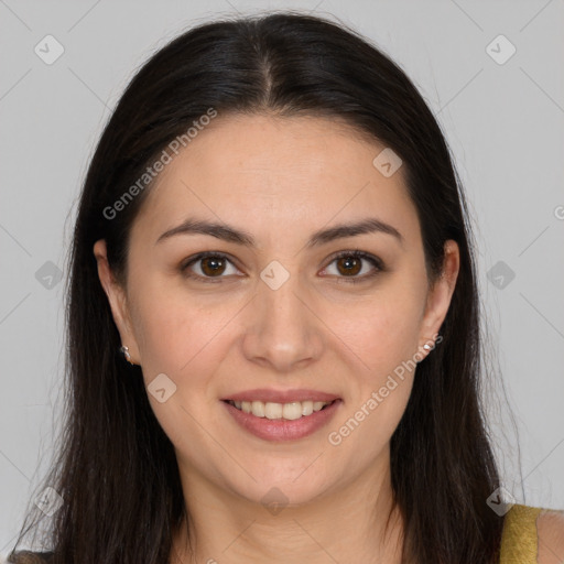 Joyful white young-adult female with long  brown hair and brown eyes