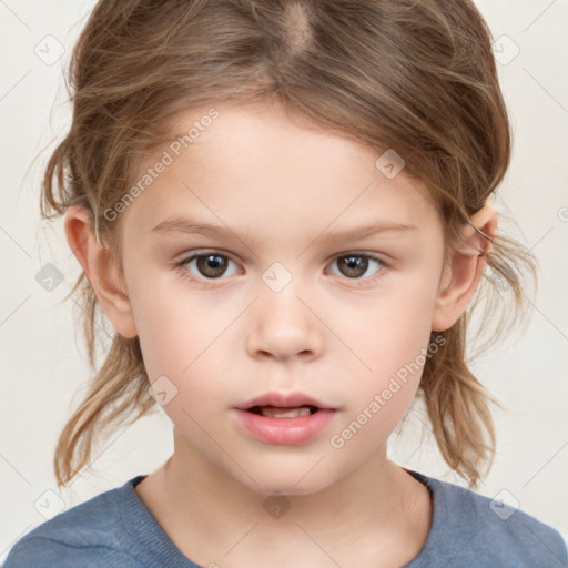 Neutral white child female with medium  brown hair and grey eyes