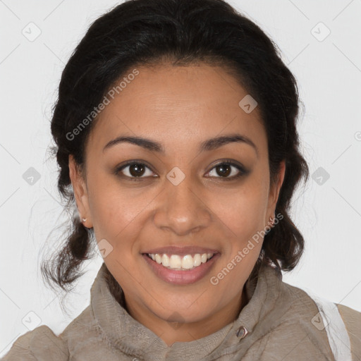 Joyful latino young-adult female with medium  brown hair and brown eyes