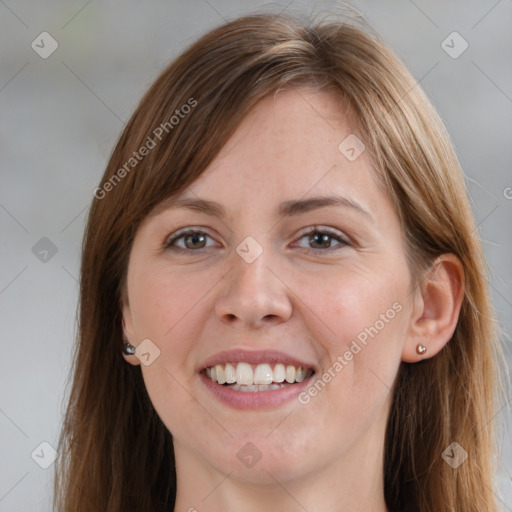 Joyful white young-adult female with long  brown hair and grey eyes