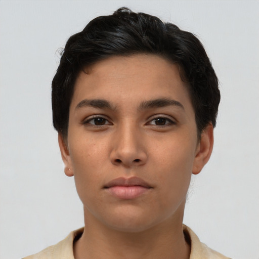 Neutral asian young-adult female with short  brown hair and brown eyes