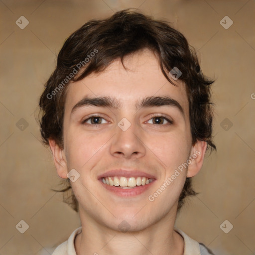 Joyful white young-adult male with medium  brown hair and brown eyes