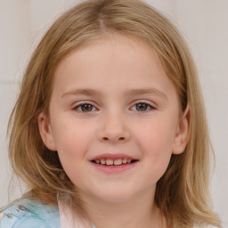 Joyful white child female with medium  brown hair and brown eyes