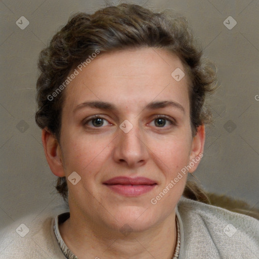 Joyful white adult female with short  brown hair and brown eyes