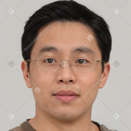 Neutral asian young-adult male with short  brown hair and brown eyes