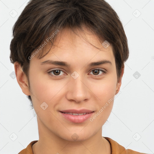 Joyful white young-adult female with short  brown hair and brown eyes