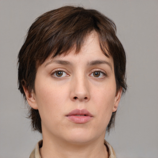 Neutral white young-adult female with medium  brown hair and brown eyes