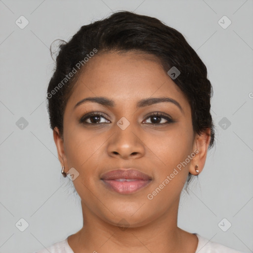 Joyful latino young-adult female with short  brown hair and brown eyes