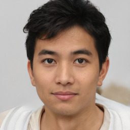 Neutral asian young-adult male with short  black hair and brown eyes