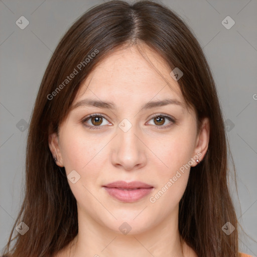 Neutral white young-adult female with long  brown hair and brown eyes