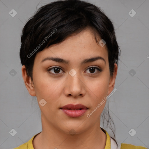 Neutral white young-adult female with short  brown hair and brown eyes