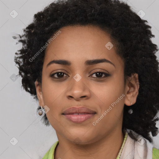 Joyful latino young-adult female with short  black hair and brown eyes