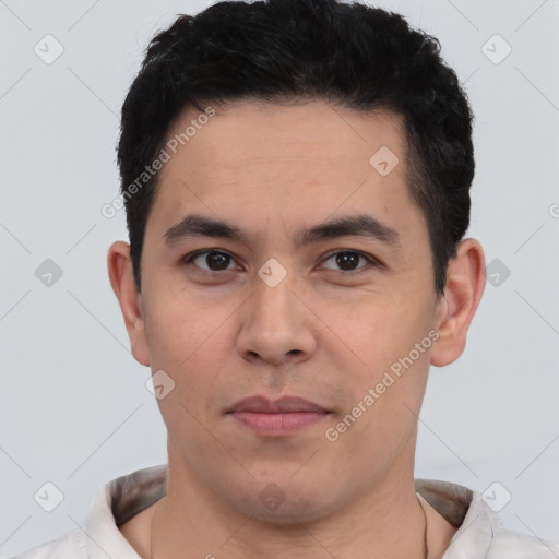 Neutral latino young-adult male with short  black hair and brown eyes