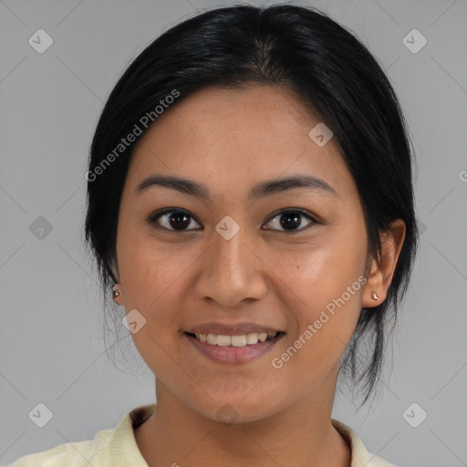 Joyful asian young-adult female with medium  brown hair and brown eyes