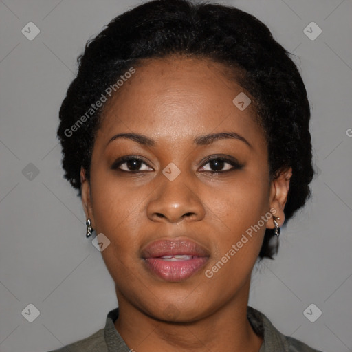 Joyful black young-adult female with medium  black hair and brown eyes