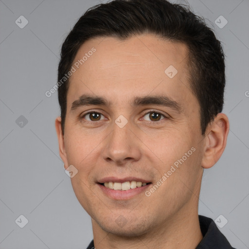 Joyful white young-adult male with short  brown hair and brown eyes