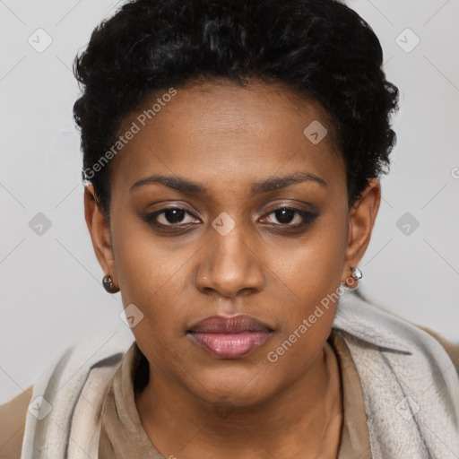 Neutral latino young-adult female with short  black hair and brown eyes