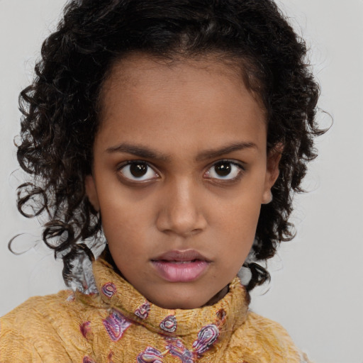 Neutral black child female with long  brown hair and brown eyes