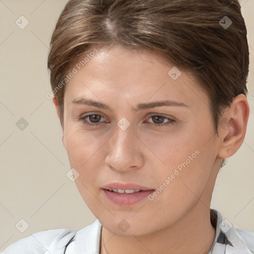 Joyful white young-adult female with short  brown hair and brown eyes