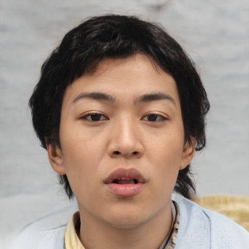 Neutral asian young-adult female with short  brown hair and brown eyes