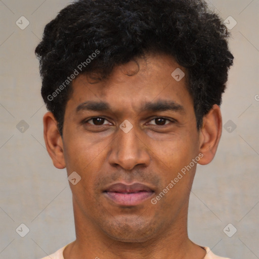 Neutral latino young-adult male with short  black hair and brown eyes