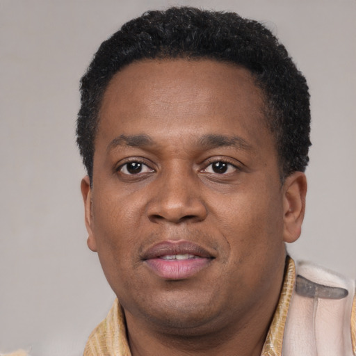 Joyful black young-adult male with short  brown hair and brown eyes