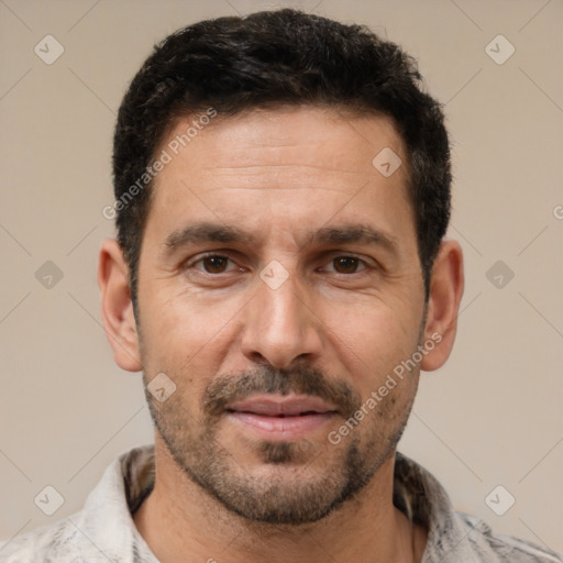 Neutral white adult male with short  black hair and brown eyes