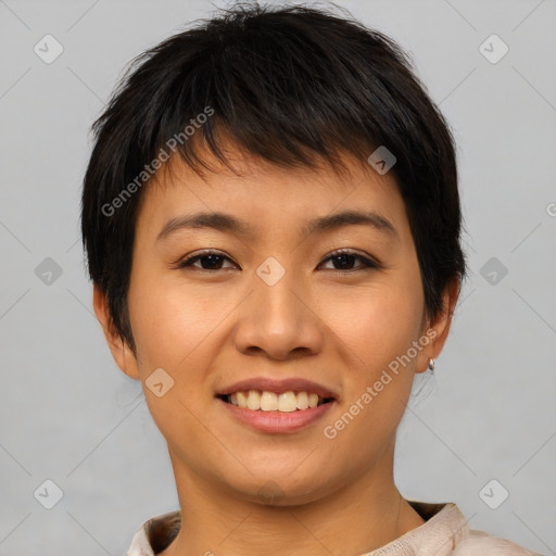 Joyful asian young-adult female with short  brown hair and brown eyes