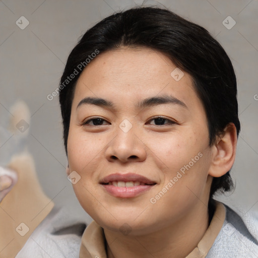 Joyful asian young-adult female with medium  brown hair and brown eyes
