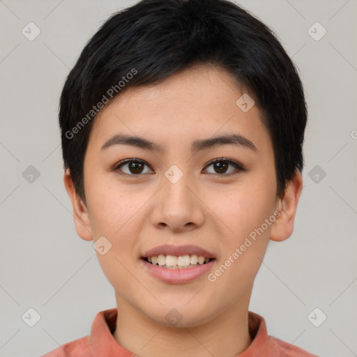 Joyful asian young-adult female with short  brown hair and brown eyes