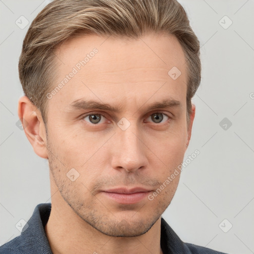 Neutral white young-adult male with short  brown hair and grey eyes