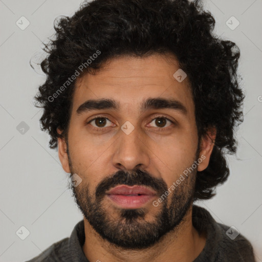 Neutral latino adult male with short  black hair and brown eyes