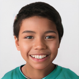 Joyful white child female with short  brown hair and brown eyes