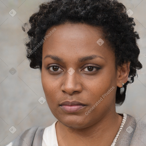 Neutral black young-adult female with short  black hair and brown eyes