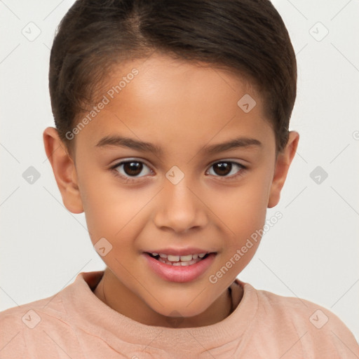 Joyful white child female with short  brown hair and brown eyes