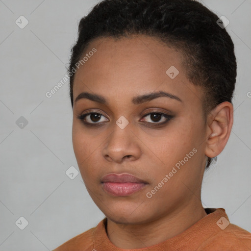 Neutral black young-adult female with short  brown hair and brown eyes