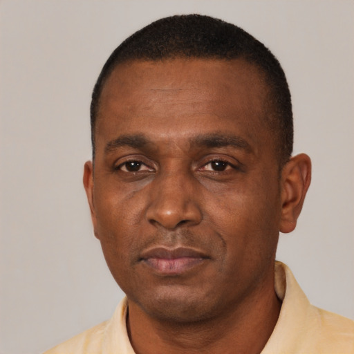 Neutral black adult male with short  brown hair and brown eyes