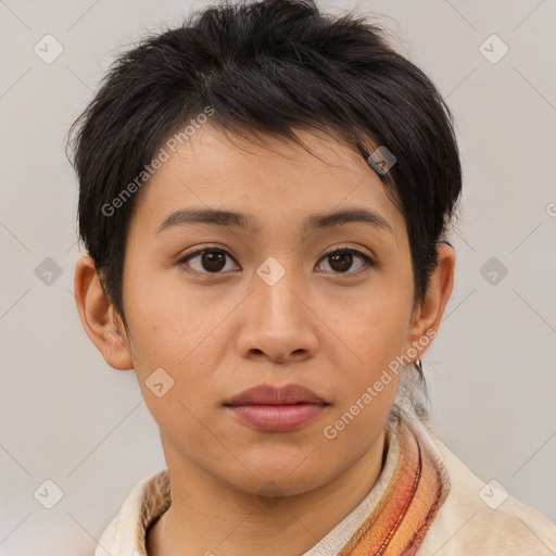 Joyful asian young-adult female with short  brown hair and brown eyes